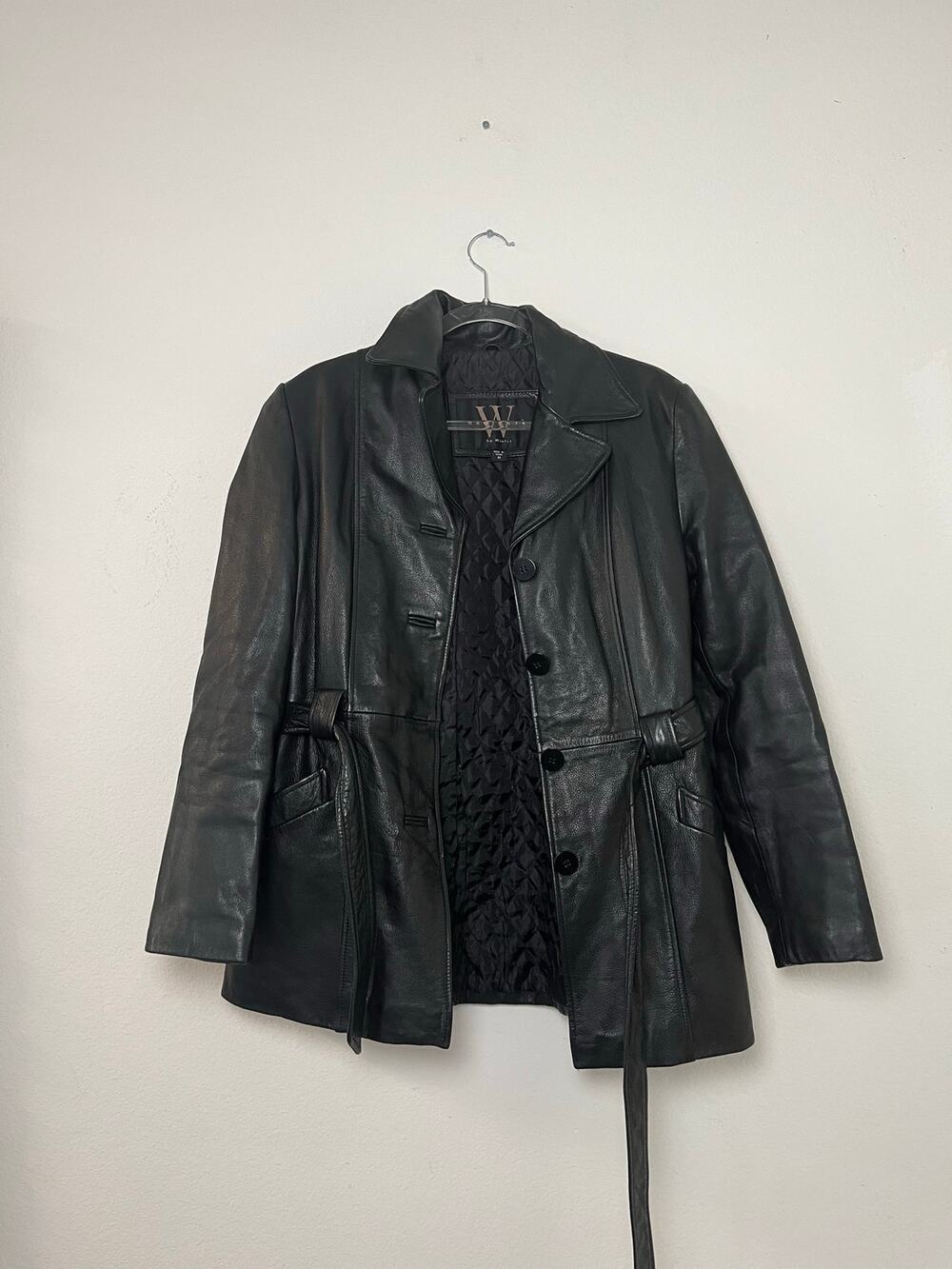 Winlit Leather Black Genuine Leather Belted Button Front Jacket Quilted Lining